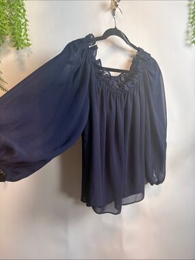 Harper Sheer Navy Peasant Top with Balloon Sleeves